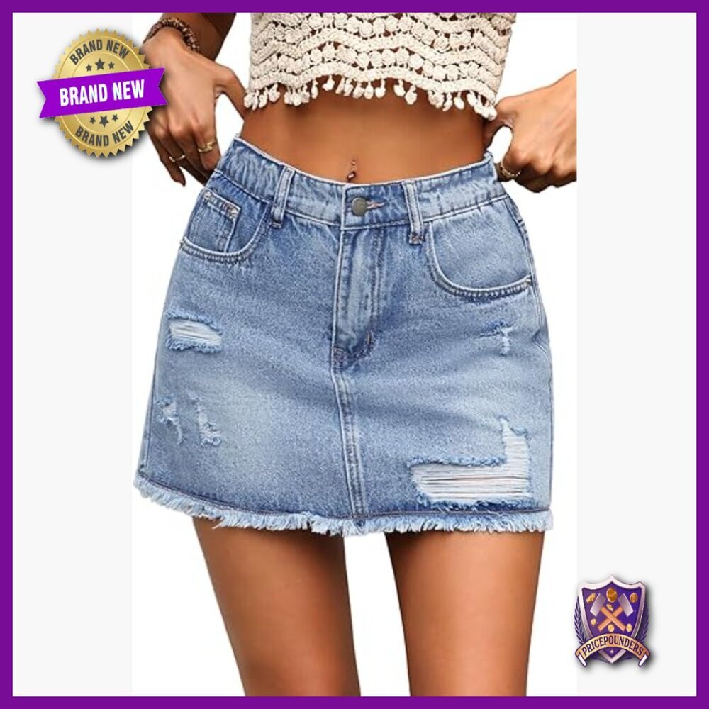 Ripped Denim Mini Skort with Built-in Shorts and Pockets, A-line Fit